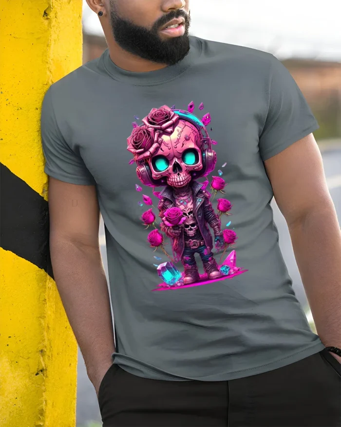 Romantic Skull Cute Skull with Roses T-Shirt - model in grey shirt leaning against column