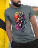 Cyberpunk Oni T-Shirt Futuristic Demon Skull - model in grey shirt leaning against column