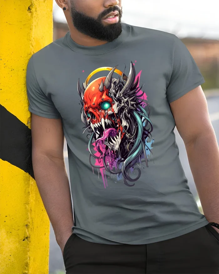 Cyberpunk Oni T-Shirt Futuristic Demon Skull - model in grey shirt leaning against column