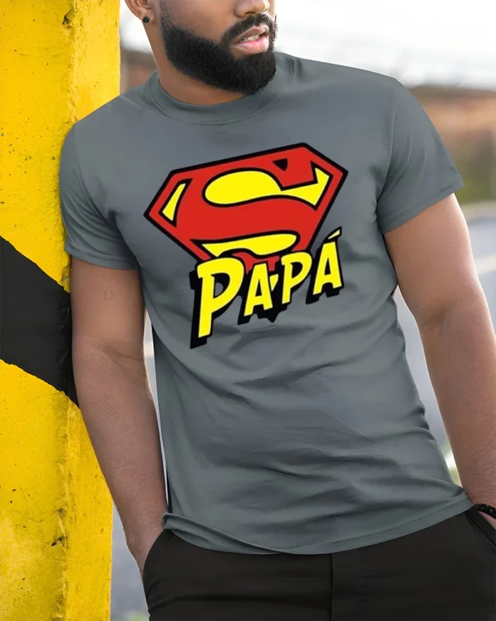 Papa Superman T-Shirt Funny Father’s Day Hero - model in grey shirt leaning against column