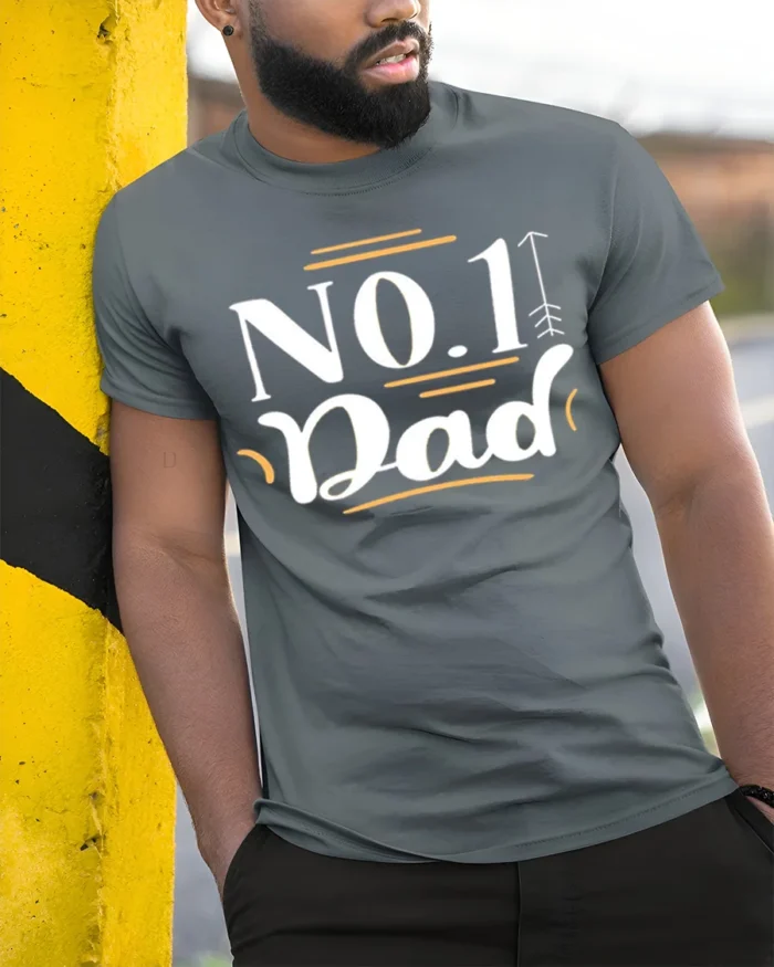 Number One Dad Tee Best Father’s Day T-Shirt Gift - model in grey shirt leaning against column