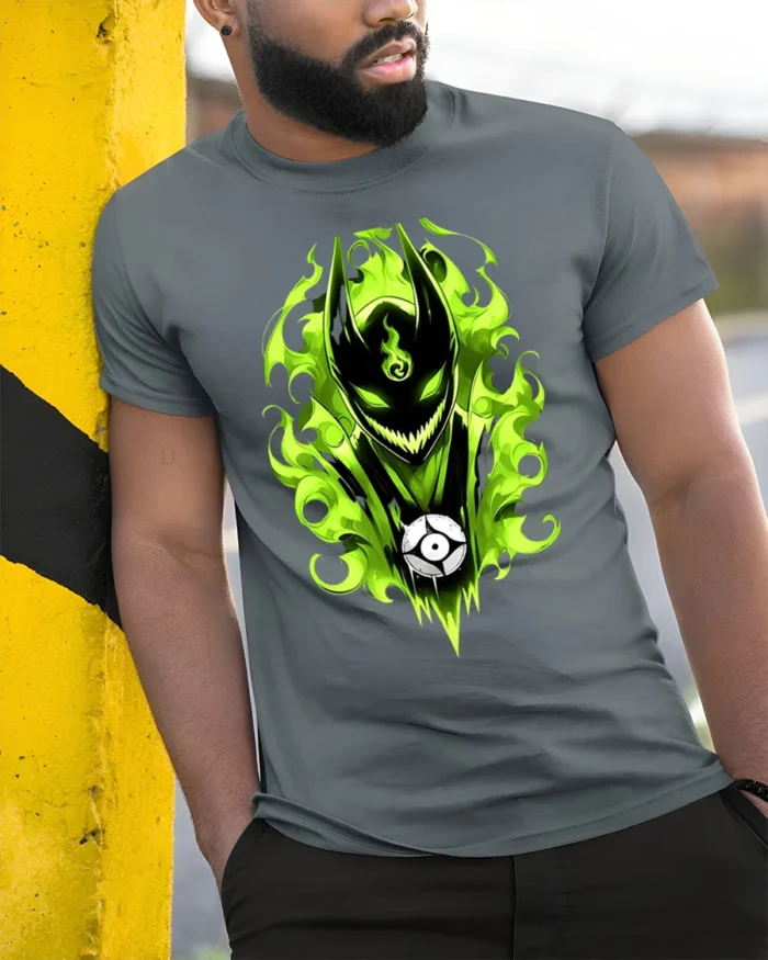 Green Flame Demon Eerie Monster Graphic T-Shirt - model in grey shirt leaning against column