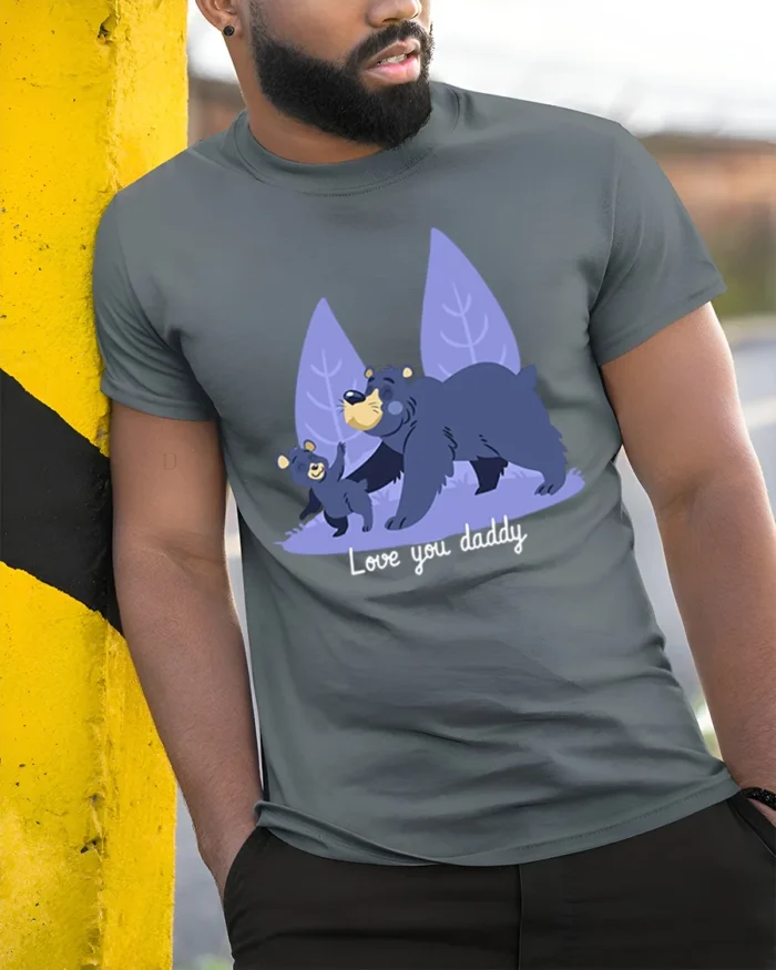 Love You Daddy Bear Cute Father’s Day T-Shirt - model in grey shirt leaning against column
