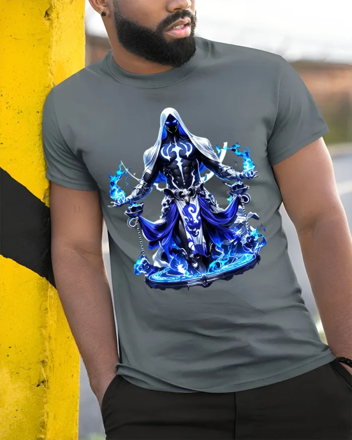 Shadow Mage T-Shirt Ethereal Hooded Figure Tee Now - model in grey shirt leaning against column