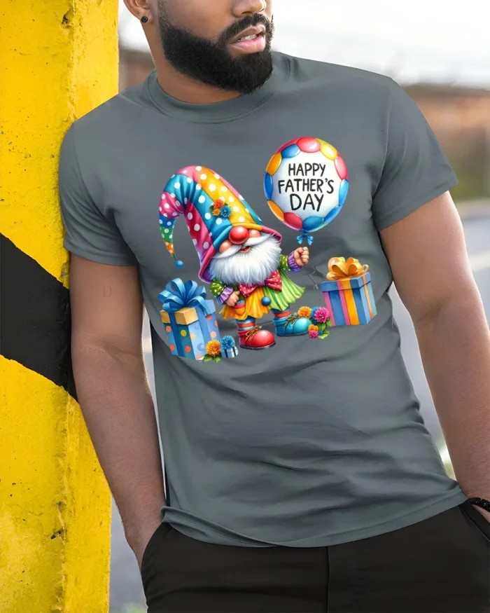 Gnome Dad Cute Father’s Day Celebration Tee - model in grey shirt leaning against column