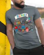 Awesome Science Tee Educational Science Graphic - model in grey shirt leaning against column