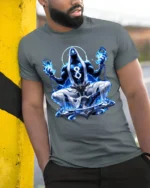 Blue Zen Master T-Shirt Spiritual Meditation Tee Now - model in grey shirt leaning against column