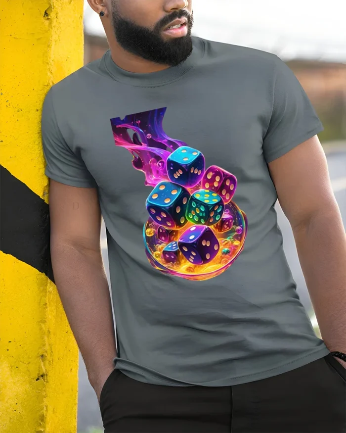 Swirling Dice Colorful Luck Gambling T-Shirt - model in grey shirt leaning against column