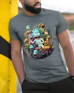 Rick and Morty Multiverse Funny Cartoon T-Shirt - model in grey shirt leaning against column