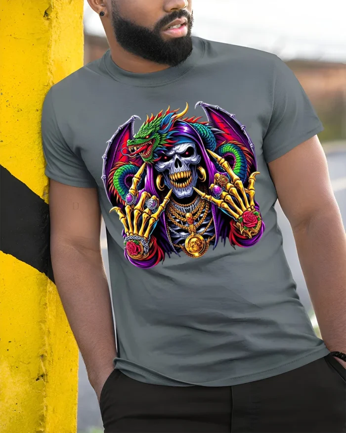 Jeweled Skull Dragon T-Shirt Edgy Fantasy Tee Now - model in grey shirt leaning against column