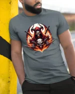 Blazing Skull Swords Dark Fantasy Warrior Tee - model in grey shirt leaning against column