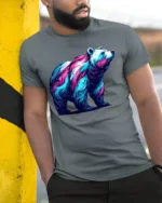 Cosmic Bear Galaxy Nebula Animal T-Shirt - model in grey shirt leaning against column