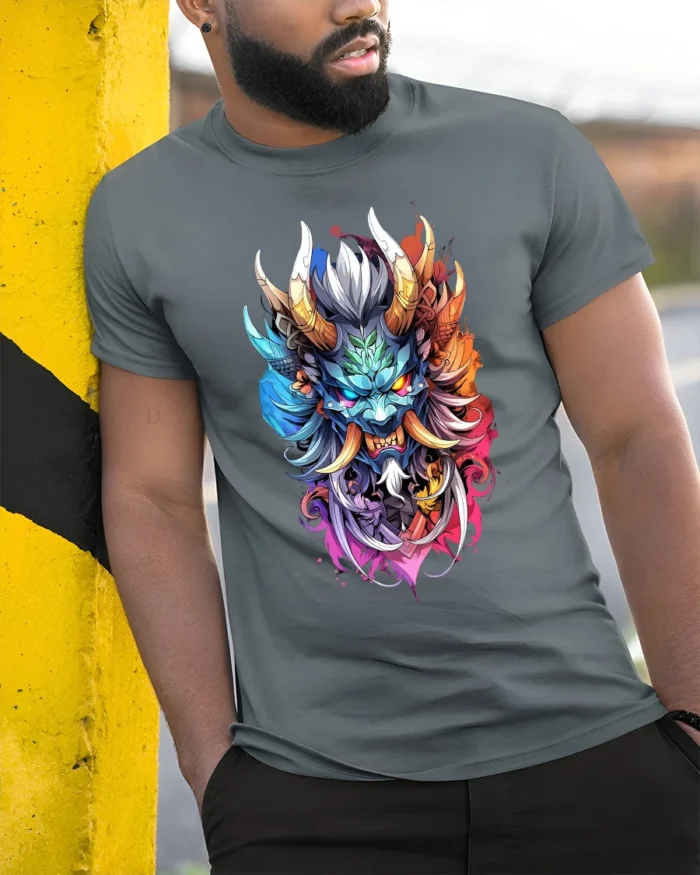 Colorful Oni Mask Japanese Demon Art T-Shirt - model in grey shirt leaning against column