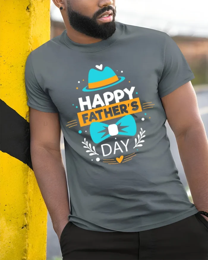 Happy Father’s Day Cute Dad Hat Bow T-Shirt - model in grey shirt leaning against column