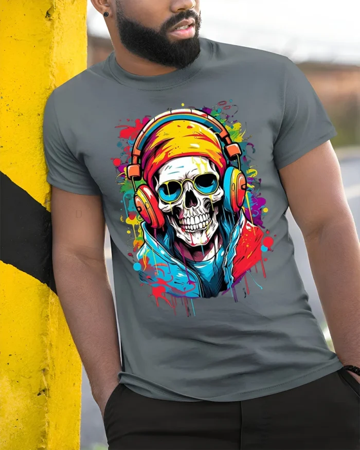 Skull Music Lover Cool Skeleton DJ T-Shirt - model in grey shirt leaning against column