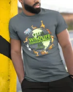World Wildlife Day Animal Lover Earth T-Shirt - model in grey shirt leaning against column