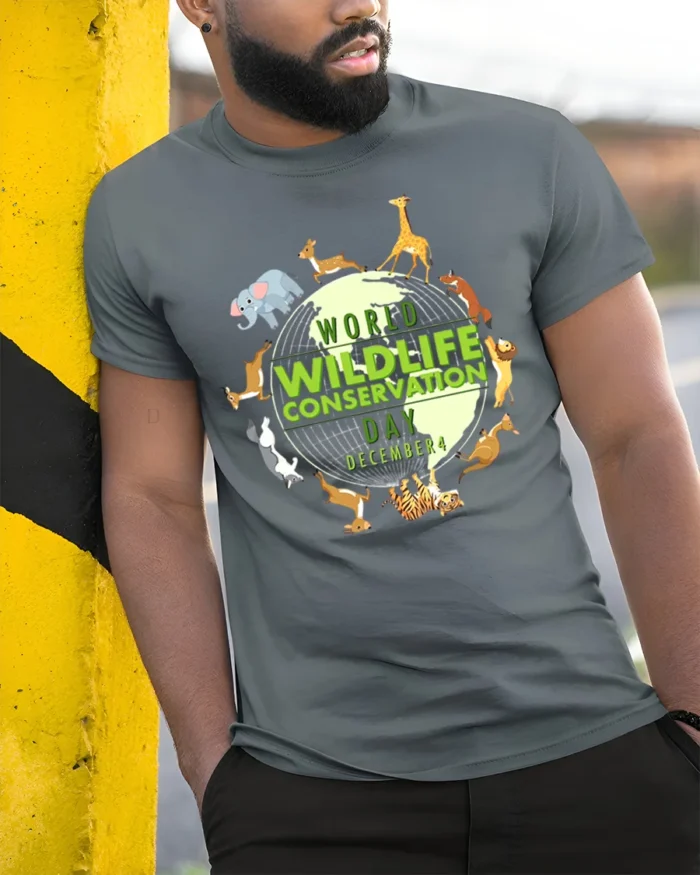 World Wildlife Day Animal Lover Earth T-Shirt - model in grey shirt leaning against column