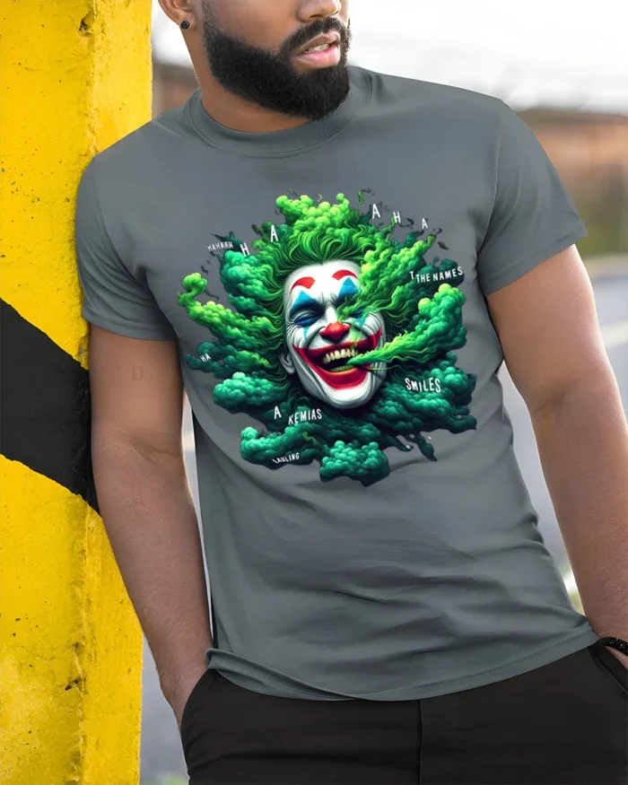 Green Smoke Joker T-Shirt Crazy Clown Graphic Tee - model in grey shirt leaning against column