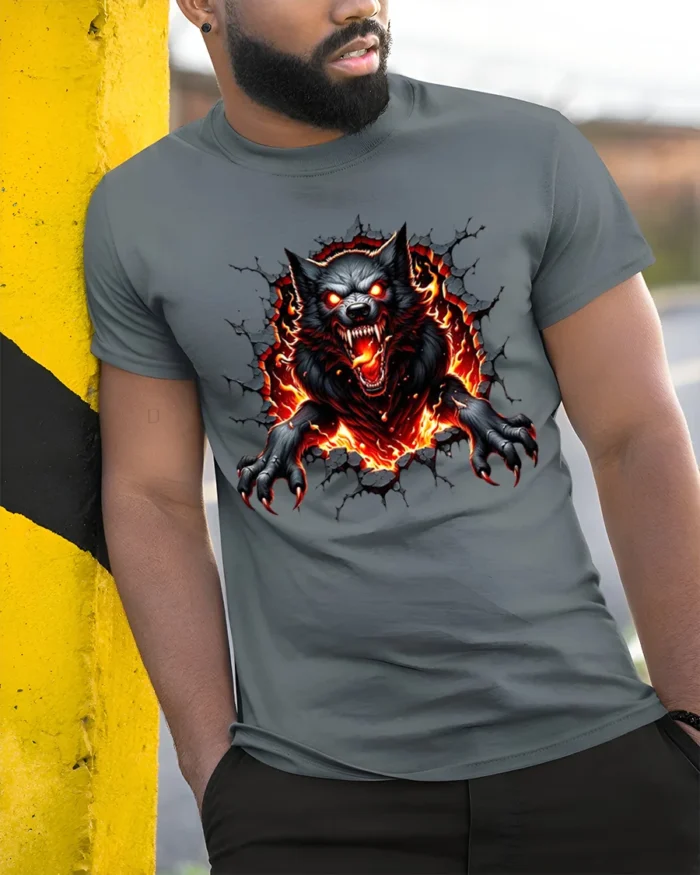 Fiery Wolf Breakout  Angry Wolf Graphic T-Shirt - model in grey shirt leaning against column