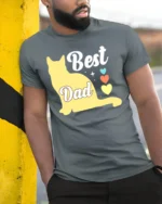 Best Cat Dad Funny Cat Lover Father’s Day T-Shirt - model in grey shirt leaning against column