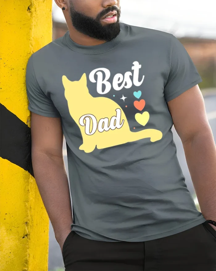 Best Cat Dad Funny Cat Lover Father’s Day T-Shirt - model in grey shirt leaning against column
