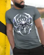 Alien Insect Icon Sci-Fi Creature Graphic T-Shirt - model in grey shirt leaning against column