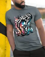 Death Plays Chess T-Shirt Skeleton Hand Game - model in grey shirt leaning against column