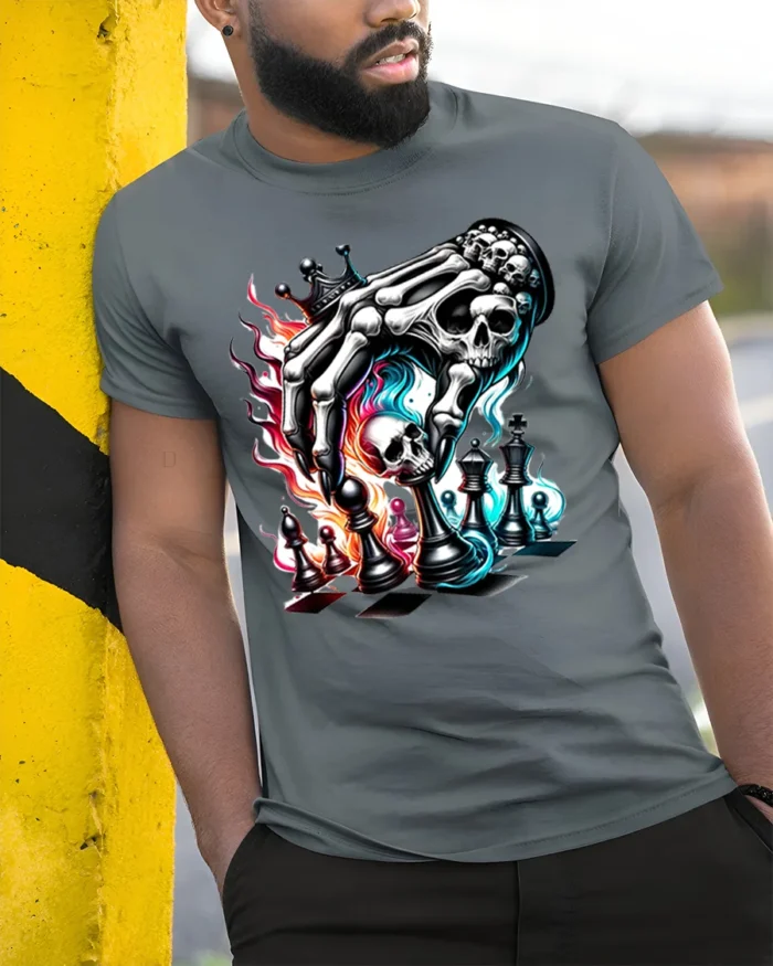 Death Plays Chess T-Shirt Skeleton Hand Game - model in grey shirt leaning against column