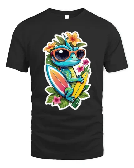 Tropical Lizard Surf T-Shirt Summer Beach Tee - black t-shirt on white background