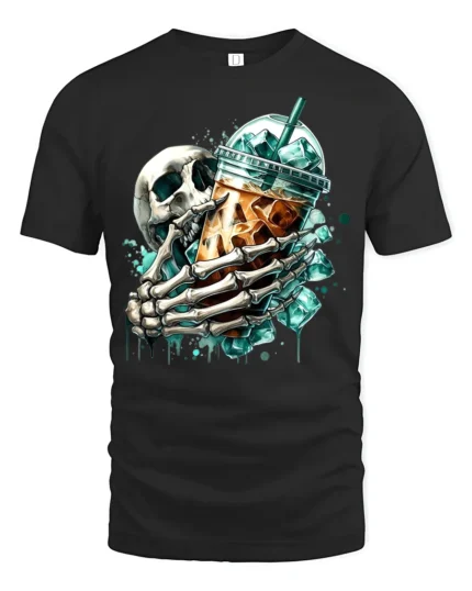 Skull Iced Coffee Funny Skeleton Drink T-Shirt - black t-shirt on white background