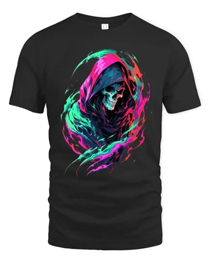 Neon Reaper Colorful Grim Reaper Graphic T-Shirt - black t-shirt on white background