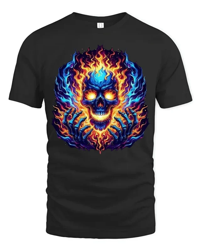 Burning Skull Hands T-Shirt Edgy Fire Skull Tee - black t-shirt on white background
