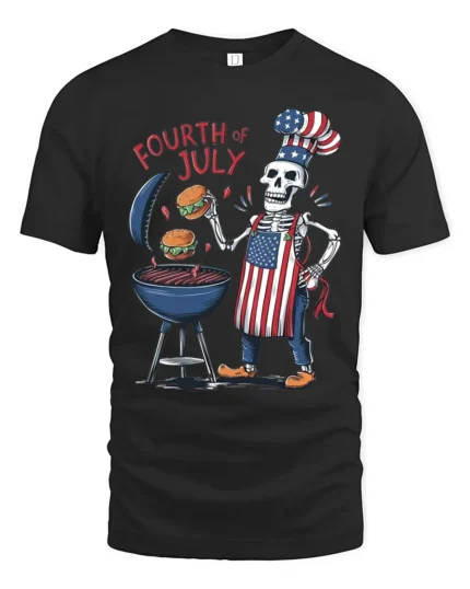 Skeleton BBQ T-Shirt Funny 4th of July Grill Tee - black t-shirt on white background