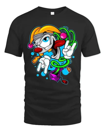Groovy Clown T-Shirt Cool Cartoon Peace Sign Tee - black t-shirt on white background