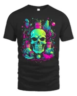 Neon Skull Garden T-Shirt Vibrant Skull Plant - black t-shirt on white background