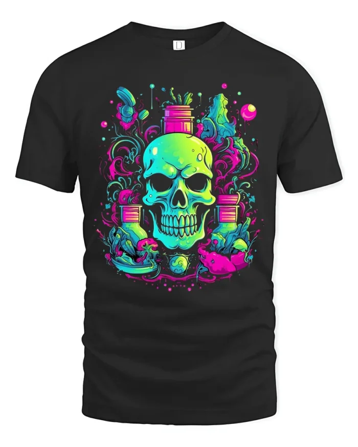 Neon Skull Garden T-Shirt Vibrant Skull Plant - black t-shirt on white background