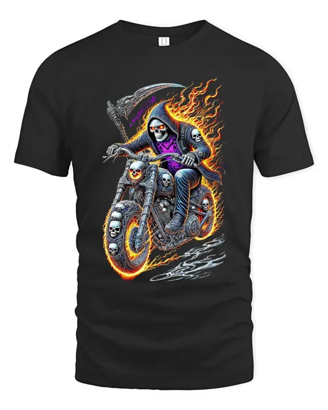 Reaper Rider Flaming Skull Motorcycle T-Shirt - black t-shirt on white background