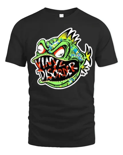 Vinyl Disorder Fish Funny Angry Fish T-Shirt - black t-shirt on white background