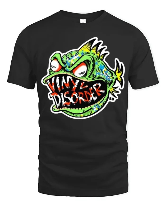 Vinyl Disorder Fish Funny Angry Fish T-Shirt - black t-shirt on white background