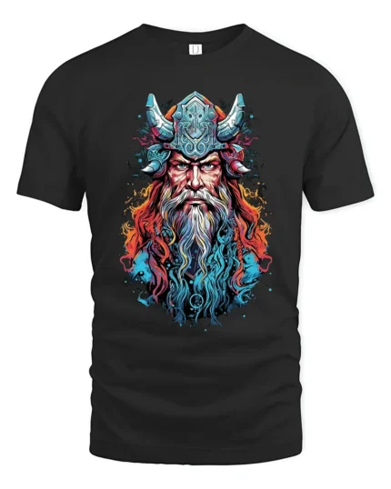 Viking Warrior Colorful Norse Mythology T-Shirt - black t-shirt on white background