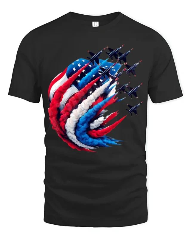 American Pride T-Shirt Fighter Jets Flag Tee - black t-shirt on white background