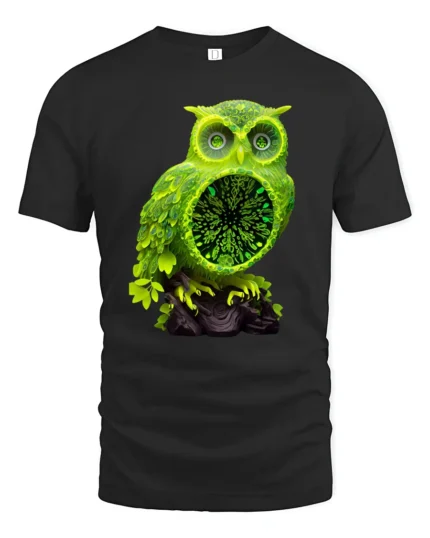 Electric Owl Vibrant Green Forest Bird Shirt - black t-shirt on white background