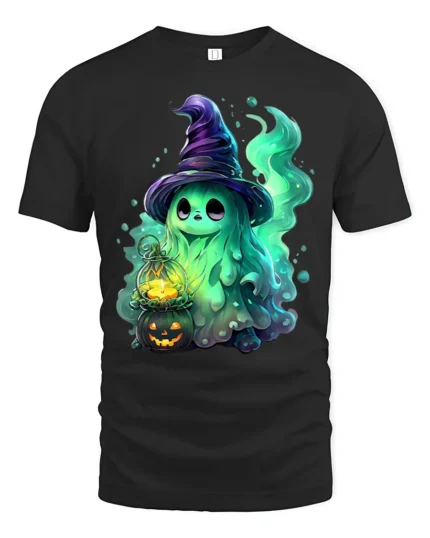 Cute Witch Ghost Funny Halloween Spirit T-Shirt - black t-shirt on white background
