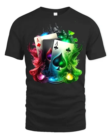 Ace Card Colorful Poker Hand T-Shirt Gif - black t-shirt on white background