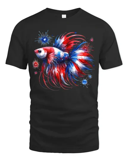 Red White Blue Fish T-Shirt American Betta Tee - black t-shirt on white background