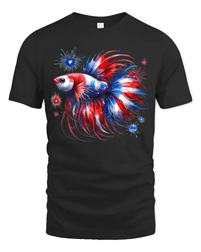 Red White Blue Fish T-Shirt American Betta Tee - black t-shirt on white background