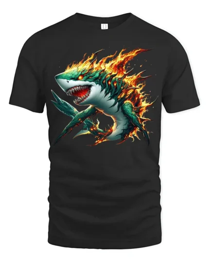 Fire Shark Cool Flaming Shark T-Shirt Graphic - black t-shirt on white background