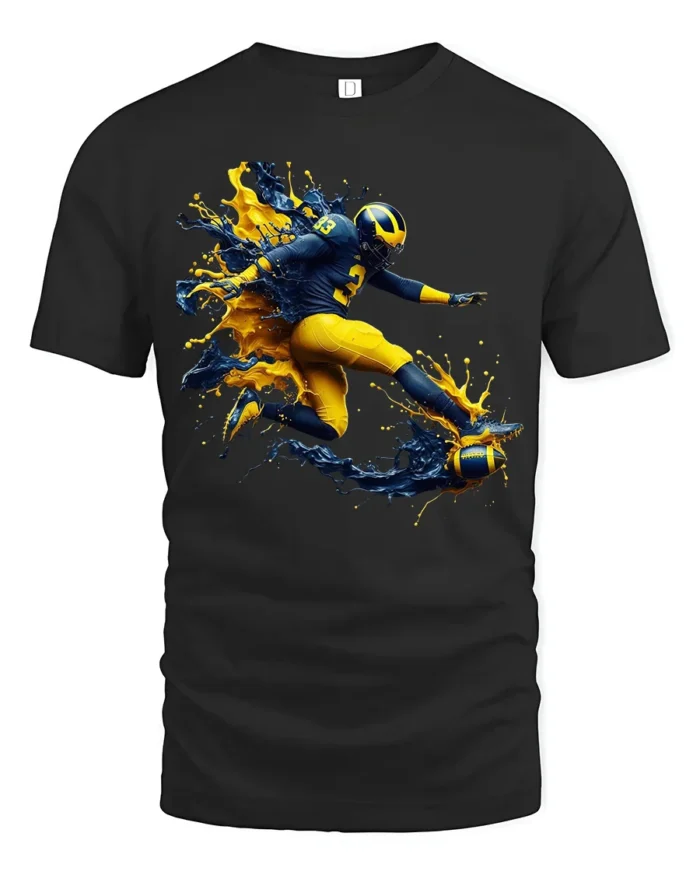 Michigan Wolverines Splash Football Fan T-Shirt - black t-shirt on white background