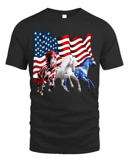 USA Flag Horses Patriotic American Pride T-Shirt - black t-shirt on white background