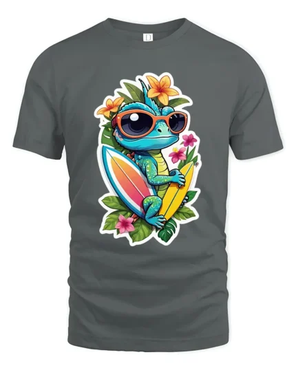 Tropical Lizard Surf T-Shirt Summer Beach Tee - gray t-shirt on white background